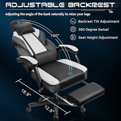 Gaming Chair for Adults, Video Game Chair with Footrest, Big and Tall Gaming Chair Heavy Duty Computer Chair with Massage Lumbar, Ergonomic Adjustable Height and 360° Swivel Seat, PU Leather, White