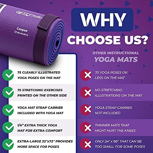 Instructional Yoga Mat with Carrying Strap: Cute Yoga Mat with 75 Illustrated Yoga Poses + 75 Easily-Followed Stretching Exercises - 1/4” Thick, Non-Toxic, Non-Slip Yoga Mats for Women and Men