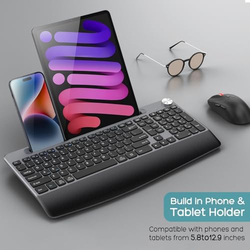 GAMCATZ Ergonomic Wireless Keyboard and Mouse with Wrist Rest，Phone Holder - 2.4GHz Full-Sized Low-Profile Quiet Wireless Mouse and Keyboard Combo for Computer, Laptop, PC, Mac-Black