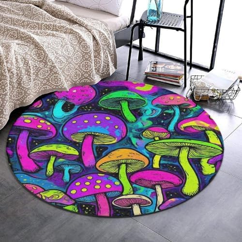 Machine Washable Modern Round Area Rug, Room Sofa Yoga Soft Round Carpet, Home Decor Non Slip Kitchen Office Circle Rug Trippy Colorful Mushrooms Magic Art, 24inch