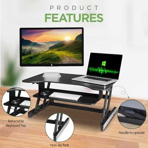 Standing Desk | Desk Riser Classic Stand Up Desk | 32 in Wide Fits 2 Monitors with Retractable Keyboard Tray (Black, 32" Wide)