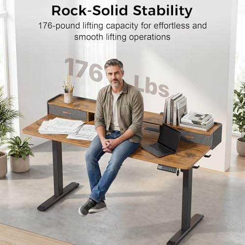 Electric Standing Desk with Drawers, 63 Inch Height Adjustable Desk with Power Outlets & LED Lights, Sit Stand Table with Monitor Stand for Home, Office, Brown