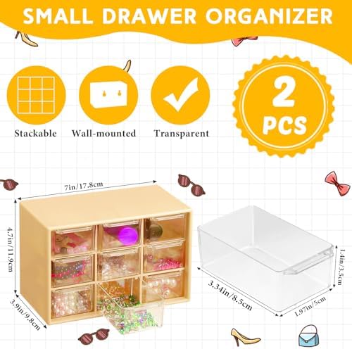 Wenqik 2 Pcs Mini Storage Drawers with 9 Clear Drawers, Yellow