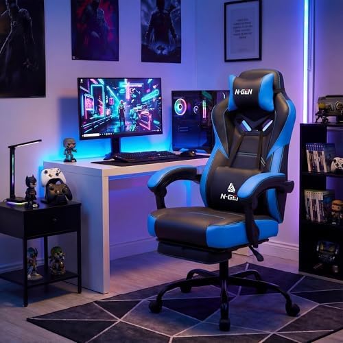 N-GEN GAMING Big & Tall Gaming Chair with Footrest, Lumbar Support, Blue