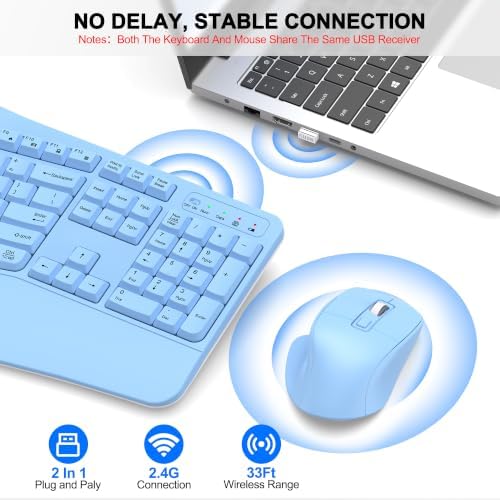 Wireless Keyboard and Mouse Combo, 2.4G Ergonomic Wave Keys(Sky Blue)
