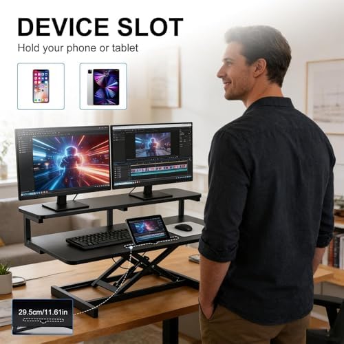 Stand Up Desk Riser, 37-Inch, Adjustable Height Stand Up Desk Converter Double Monitor and Laptop Riser Workstation for Workstation Computer Table Sitting, Black