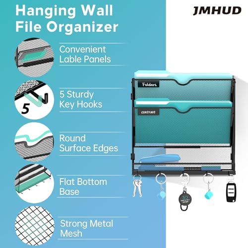 3-Tier Wall File Organizer and Mail Organizer with 5 Hooks, Black