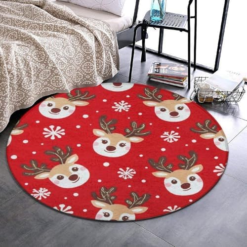 Large Home Decor Mat, Soft Round Yoga Carpet, Non Slip Machine Washable Kitchen Office Circle Rug Christmas Deer Snowflakes