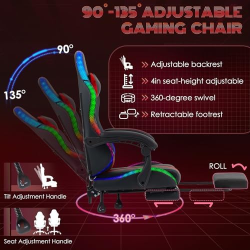 ECOTOUGE Gaming Chair with Footrest, Lumbar Massage & RGB LED Lights, Red