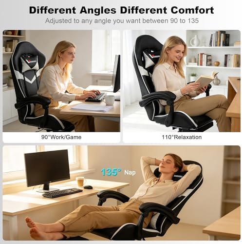 Gaming Chair for Adults, Ergonomic Computer Gaming Chair with Footrest & Lumbar Support, Height Adjustable 360° Swivel Reclining Home Office Desk Chair (Black & White)