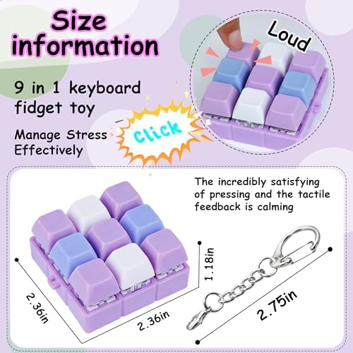 Keyboard Fidget Toy, Keyboard Fidget Keychain 9-in-1 Keyboard Decompression Button Finger Clicker Toys Stress Relief Fidget Gifts (3 Colors- Blue White Purple)