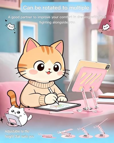 Upgraded 360°Rotating Tablet Stand with Foldable Base - Cute Cat Pattern,Universal for 7-13" Devices (iPad,iPhone,Tablet,Phone) - Ideal for Desk Work,Office,Travel,Home & Painting
