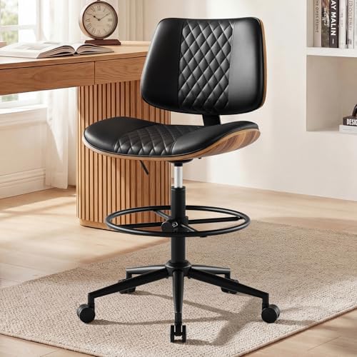 Drafting Chair with Adjustable Footrest, Rolling Walnut Stool, Black