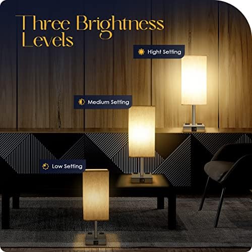 Bedside Lamp with USB Ports - Touch Control Table Lamp for Bedroom with USB C+A Charging Ports & AC Outlets, 3 Way Dimmable Nightstand Light for Living Room (LED Bulb Included, Chrome - Flaxen)
