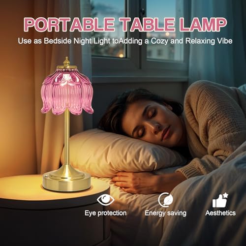 Cordless Table Lamp, Rechargeable Purple Glass Lotus Flower Lamp