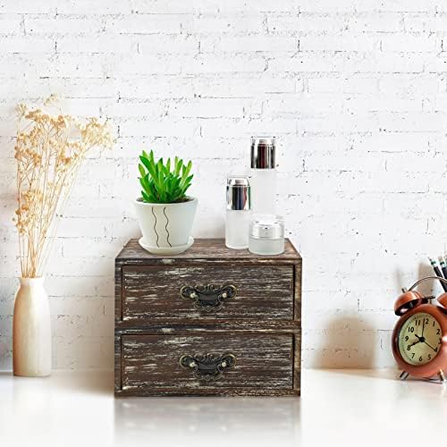 OKSQW Office Desk Organizer Drawers Dark Brown Vintage 2pcs/set Small Wood Desktop Storage Box Farmhouse Kitchen Countertop Organizer Makeup Storage Box for Workspace Home Toiletries Supplies Vanity