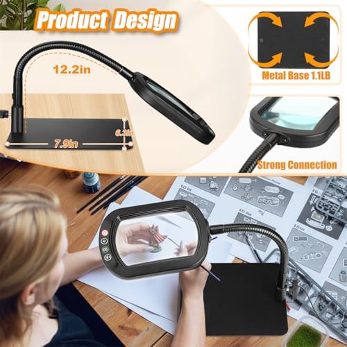 Veemagni 12X Rectangle Magnifying Glass with Light and Stand, Flexible Gooseneck LED Lighted Desk Lamp, 5 Color Modes Stepless Dimmable, Hands Free Magnifier for Reading Crafts Painting Close Work