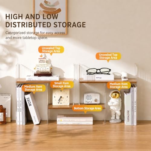 BYCY Expandable Desktop Shelf Organizer, Adjustable Wood Display Shelf with Acrylic Side Board, Office Storage Rack Desk Book Organizer for Home Decor, Office(Solid Brown)