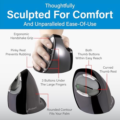 Evoluent – Inventor of The Vertical Mouse – VMDMW Ergonomic Vertical Mouse Right Hand Med USB Wireless, Sculpted for Comfort, Reduces Wrist Strain, 4 Speeds, 6 Customizable Buttons in Windows