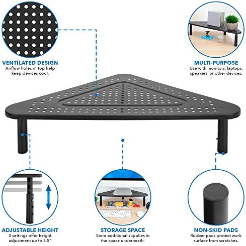 Corner Monitor Stand | Adjustable Height Corner Desk Shelf | Triangle Screen Riser, Ergonomic Space Saving Design, Ventilated. (Metal, Black)