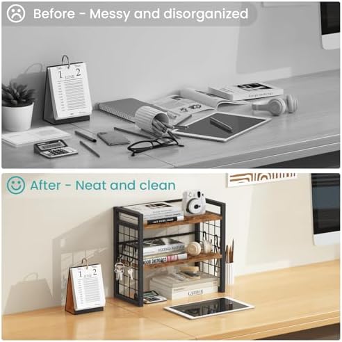 ELITEROO Desktop Shelf Organizer, 2 Tier Wood Desk Bookshelf, Rustic Brown