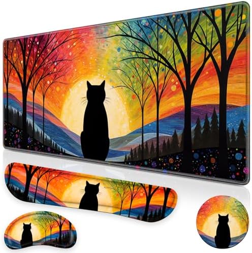 Canjoy Desk Mat with Wrist Rest, Anime Black Cats Keyboard and Mouse Pad