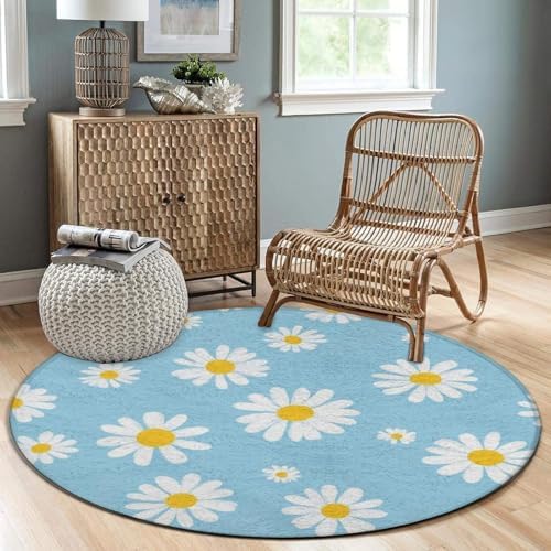 Large Home Decor Mat, Soft Round Yoga Carpet, Non Slip Machine Washable Kitchen Office Circle Rug Sky Blue White Daisy Flowers