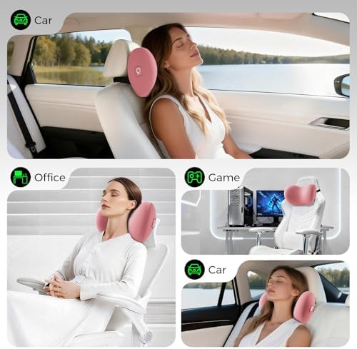 BEBAS Memory Foam Car Headrest Pillow - Breathable Neck Support Pillow for Driving, Universal Fit Cars/SUVs/Tesla/Toyota & Office Chair, Removable Cover (Pink, 4-Season)