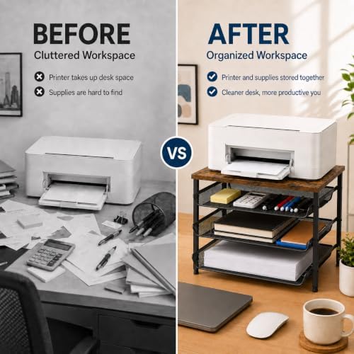 4-Tier Printer Stand with Storage for Desk, Wood Top, Black