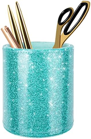 Glitter Pen Holder Pencil Organizer, Cute Pencil Cup Desk Decor, Decorative Makeup Brush Holder Large, Leather Multi-Functional Organizer Cup for Office, Home, Classroom, Blue+Green