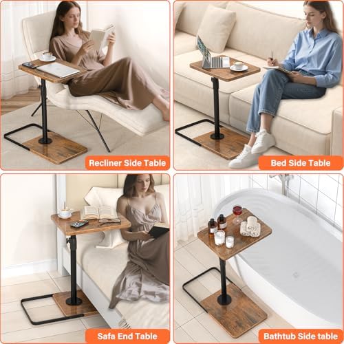 TV Tray Table for Couch - Adjustable Height & 360°Swivel Panel Design，Larger Metal and Wooden Base to Prevent Slipping，Sofa Armrest Tray Table for Eating Laptop Couch Bed Dinner or Small Space