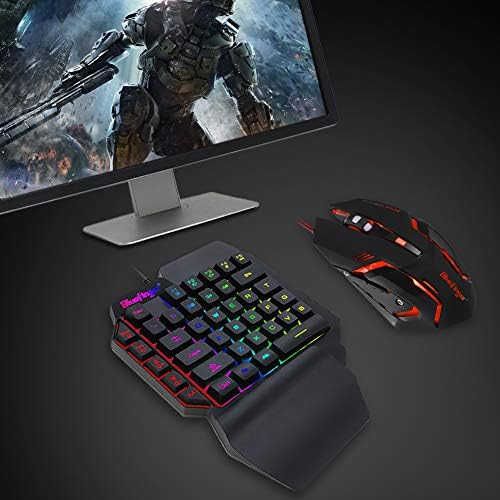 One Hand RGB Gaming Keyboard and Backlit Mouse Combo, USB Wired Rainbow Letters Glow Single Hand Mechanical Feeling With Wrist Rest Support, Gaming Set for Game
