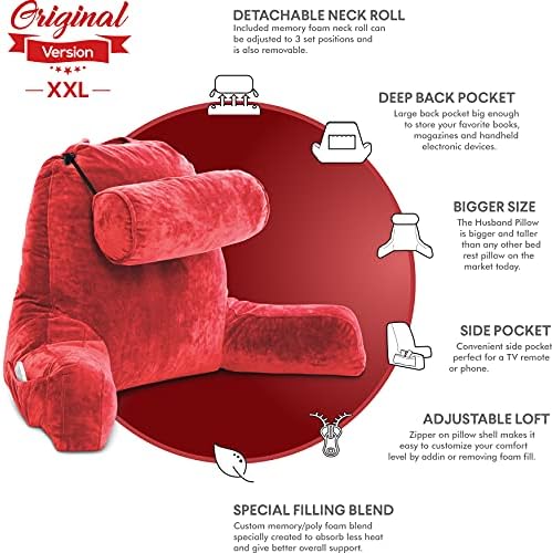 Husband Pillow XXL The Original for Adults - 30" Tall Backrest for Sitting Up in Bed - Firm Support Reading & Bed Rest Pillows for Adults, Neck Roll, Removable Cover - TV - Red
