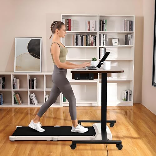 CLATINA Mobile Laptop Standing Desk, Height Adjustable Teacher Podium with Lockable Wheels, Adjustable Work Table with Drawer, Computer Cart Overbed Table for Home Office Classroom, Brown