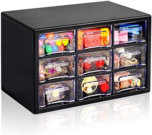 Stackable Desk Organizer with 9 Drawers, Clear Storage Box, Black