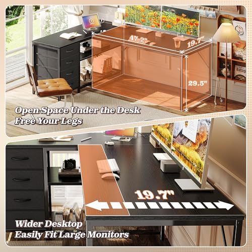 PRAISUN 61" L Shaped Desk with Power Outlets & 4 Drawers