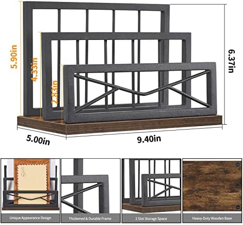 Snughome Desktop Mail Organizer, Desk Mail Organizer with 2-Slot Matte Black Metal Desktop Mail Sorter, Metal Storage File Holder Letter Sorter Organizer for Home or Office, Rustic Brown