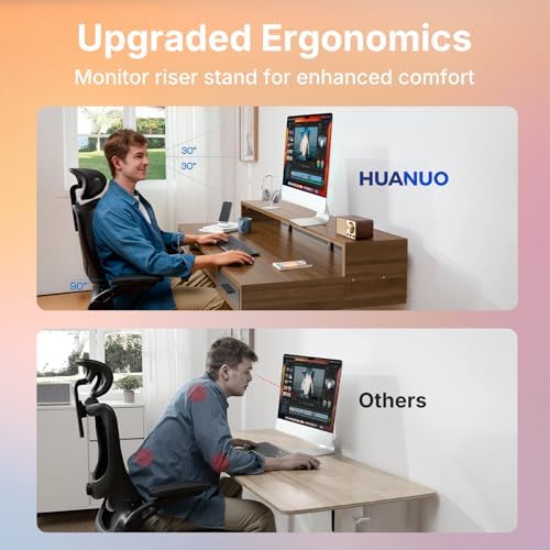 HUANUO 63″ x 26″ Electric Standing Desk with 2 Drawers &24.4″ Large Keyboard Tray, C-Clamp Mount Compatible, Adjustable Computer Desk for Office, Sit Stand Up Desk with 4 Height Presets, Deep Walnut