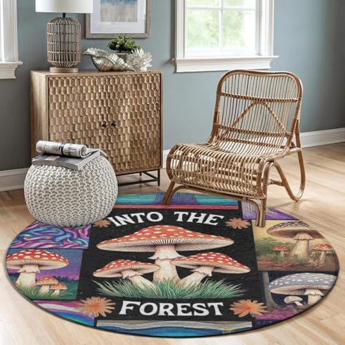 Large Home Decor Mat, Soft Round Yoga Carpet, Non Slip Machine Washable Kitchen Office Circle Rug Trippy Mushroom