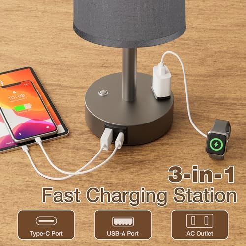 Grey Touch Bedside Lamp for Bedroom, Stepless Dimmable, USB A+C, AC Outlet