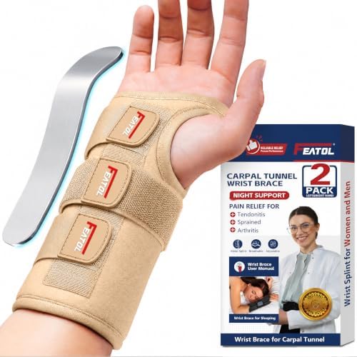 FEATOL Carpal Tunnel Wrist Brace 2 Pack, Splint Night Support Women Men