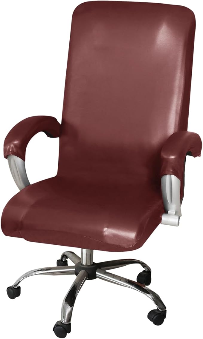 ITFRO Waterproof Office Chair Cover with Armrest Covers Red Wine PU Leather Computer Desk Chair Cover with Zipper Universal Rotating Gaming Chair Slipcover High Back Chair Seat Protector (Red Wine)