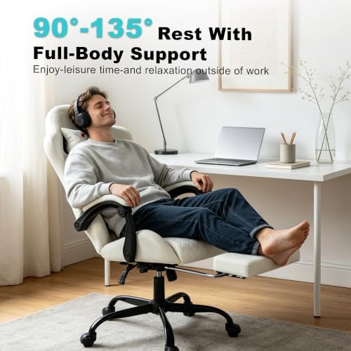Fabric Gaming Chair for Adults, Ergonomic Computer Office Desk Chair with Footrest,Pocket Spring Cushion, Reclining High Back Silla Gamer for Home Office, White