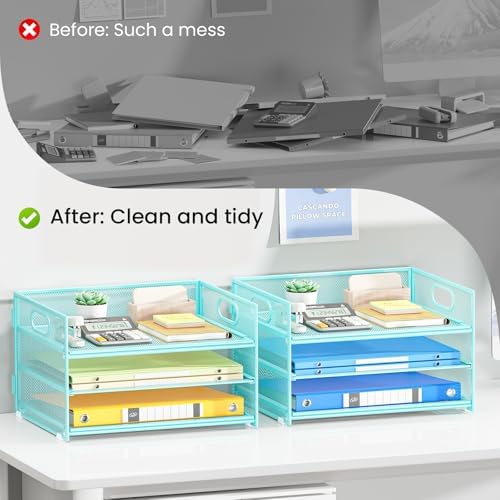 Paper Organizer with Handle,2P-3 Tier Blue Desk Organization Set
