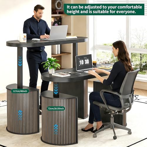 Mid Century Modern Electric Standing Desk with Storage, 55 x 22 Inch Small Sit Stand Up Desk, Wood Adjustable Height Computer Executive Desk for Home Office, Laptop, Black