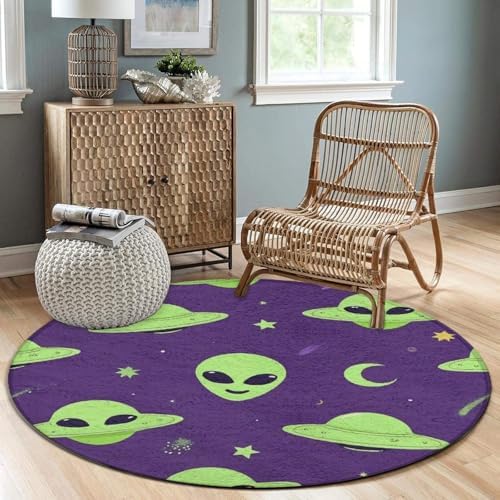 Large Home Decor Mat, Soft Round Yoga Carpet, Non Slip Machine Washable Kitchen Office Circle Rug Alien Art Purple