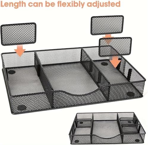 VyGrow Desk Drawer Organizer Tray, Metal Mesh Drawer Organizers Office, 6 Adjustable Compartment, Desk Organizer Tray for Home Office 12.87L x 8.73D x 1.96H inch, Black, 1PC Medium