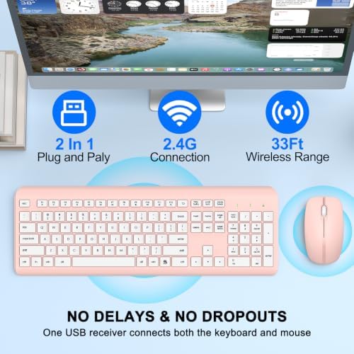 Wireless Keyboard and Mouse Combo, Full-Size Silent Ergonomic Keyboard and Optical Mouse, Long Battery Life, 2.4G Lag-Free Mice Keyboard for Computer,Mac,Laptop,PC,Windows(White Pink)