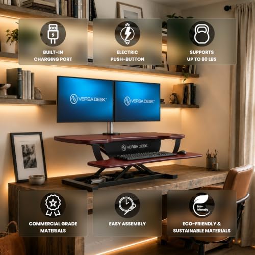VERSADESK PowerPro 48 Inch Electric Standing Desk Converter – Push-Button Height Adjustable Sit to Stand Desk Riser for Multiple Monitors – Motorized Desktop Workstation with Wide Keyboard Tray