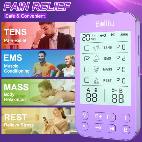 Belifu TENS Muscle Stimulator Unit for Pain Relief, Electronic Pulse Therapy Machine with 36 Mode 20 Intensities, Rechargeable & Portable – Neck, Back, Shoulder, Joint Pain Relief, Color Purple